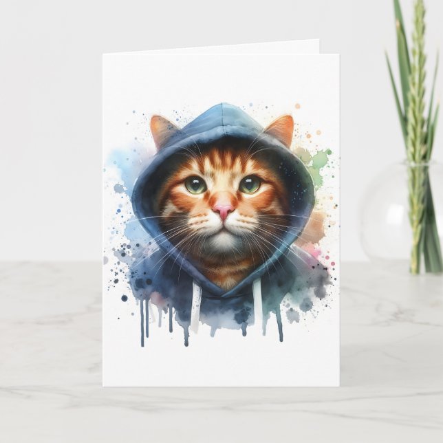 Watercolor Artwork Tabby Cat Blue Hoodie Splatter Card (Front)