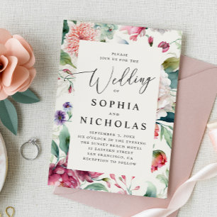 Watercolor asian boho floral. Bohemian wedding Invitation
