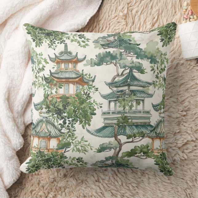 Watercolor Asian Pagoda in Verdant Landscape (10) Cushion (Blanket)