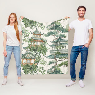 Watercolor Asian Pagoda in Verdant Landscape (10) Fleece Blanket