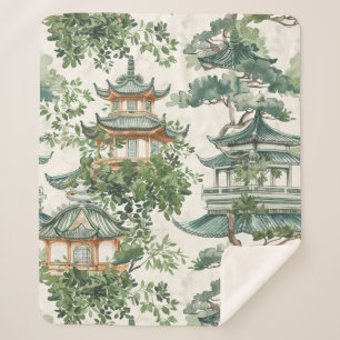 Watercolor Asian Pagoda in Verdant Landscape (10) Sherpa Blanket
