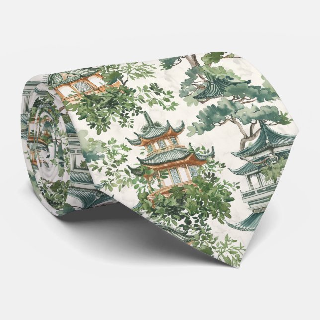 Watercolor Asian Pagoda in Verdant Landscape (10) Tie (Rolled)
