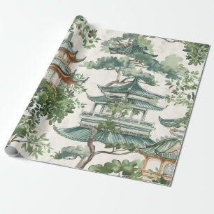 Watercolor Asian Pagoda in Verdant Landscape (10) Wrapping Paper