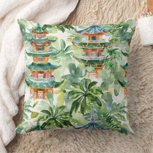 Watercolor Asian Pagoda in Verdant Landscape (11) Cushion