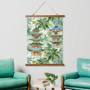 Watercolor Asian Pagoda in Verdant Landscape (11) Hanging Tapestry