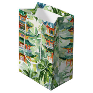 Watercolor Asian Pagoda in Verdant Landscape (11) Medium Gift Bag