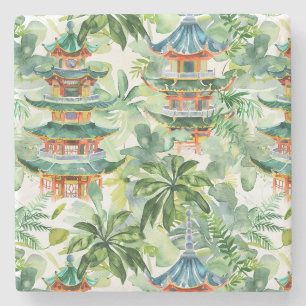 Watercolor Asian Pagoda in Verdant Landscape (11) Stone Coaster