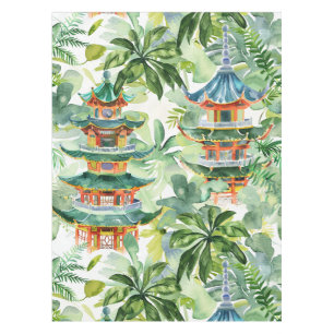 Watercolor Asian Pagoda in Verdant Landscape (11) Tablecloth
