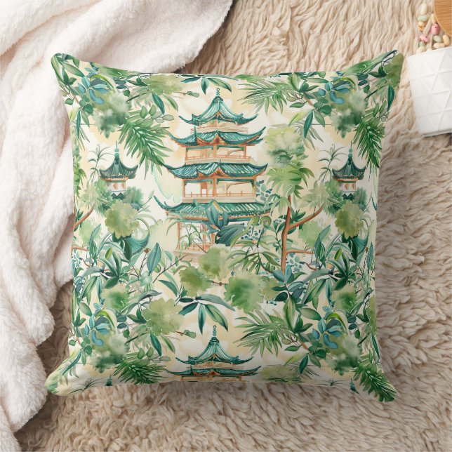 Watercolor Asian Pagoda in Verdant Landscape (12) Cushion (Blanket)