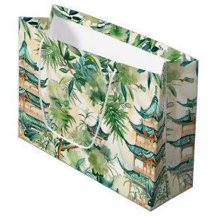 Watercolor Asian Pagoda in Verdant Landscape (12) Large Gift Bag
