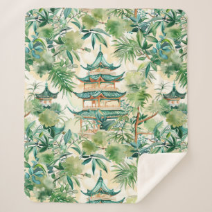 Watercolor Asian Pagoda in Verdant Landscape (12) Sherpa Blanket