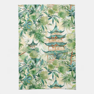 Watercolor Asian Pagoda in Verdant Landscape (12) Tea Towel