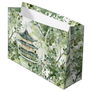 Watercolor Asian Pagoda in Verdant Landscape (13) Large Gift Bag