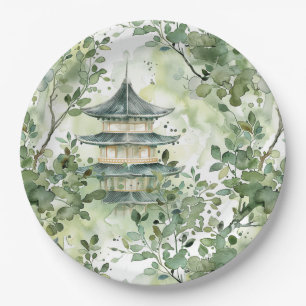 Watercolor Asian Pagoda in Verdant Landscape (13) Paper Plate