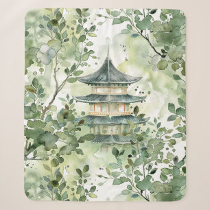 Watercolor Asian Pagoda in Verdant Landscape (13) Sherpa Blanket