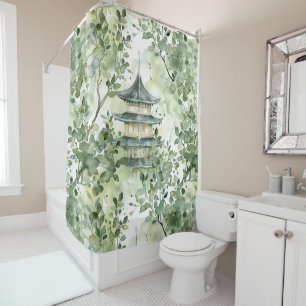 Watercolor Asian Pagoda in Verdant Landscape (13) Shower Curtain