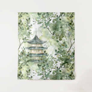 Watercolor Asian Pagoda in Verdant Landscape (13) Tapestry