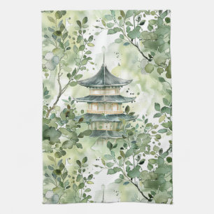 Watercolor Asian Pagoda in Verdant Landscape (13) Tea Towel