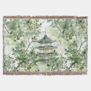 Watercolor Asian Pagoda in Verdant Landscape (13) Throw Blanket