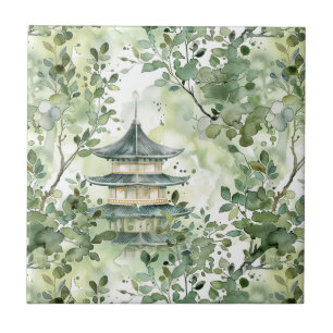 Watercolor Asian Pagoda in Verdant Landscape (13) Tile
