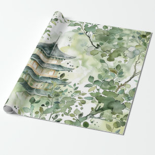 Watercolor Asian Pagoda in Verdant Landscape (13) Wrapping Paper