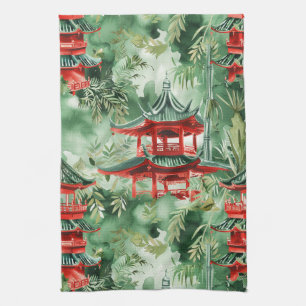 Watercolor Asian Pagoda in Verdant Landscape (14) Tea Towel