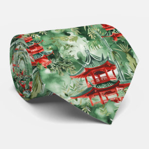 Watercolor Asian Pagoda in Verdant Landscape (14) Tie
