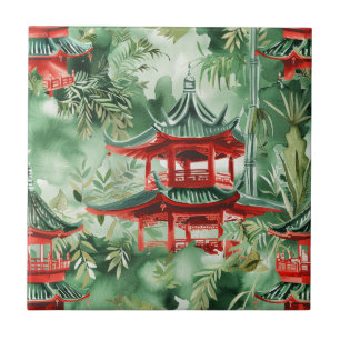 Watercolor Asian Pagoda in Verdant Landscape (14) Tile