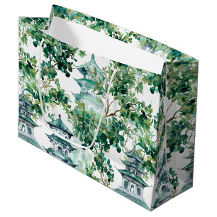Watercolor Asian Pagoda in Verdant Landscape (15) Large Gift Bag