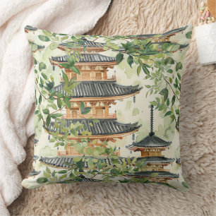 Watercolor Asian Pagoda in Verdant Landscape (16) Cushion