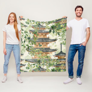 Watercolor Asian Pagoda in Verdant Landscape (16) Fleece Blanket