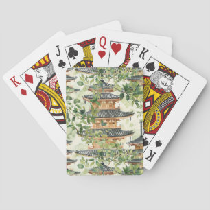 Watercolor Asian Pagoda in Verdant Landscape (16) Playing Cards