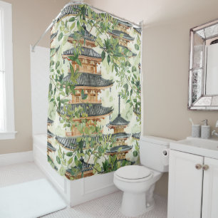 Watercolor Asian Pagoda in Verdant Landscape (16) Shower Curtain