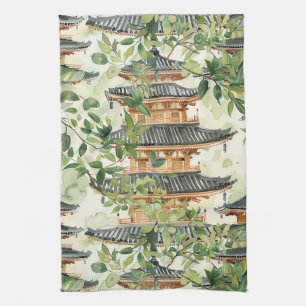 Watercolor Asian Pagoda in Verdant Landscape (16) Tea Towel