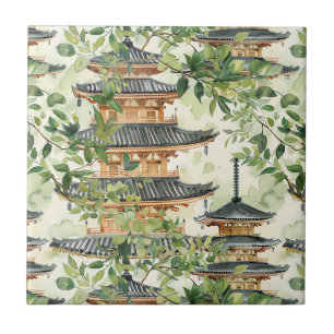 Watercolor Asian Pagoda in Verdant Landscape (16) Tile