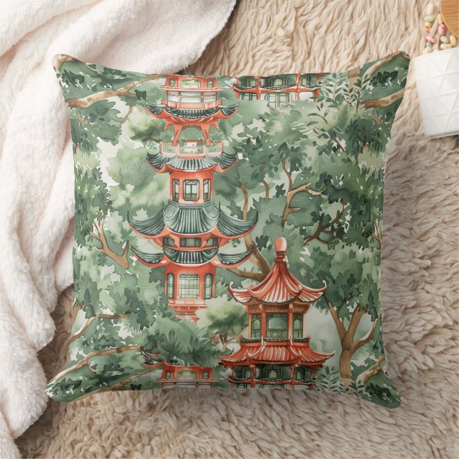 Watercolor Asian Pagoda in Verdant Landscape (17) Cushion (Blanket)