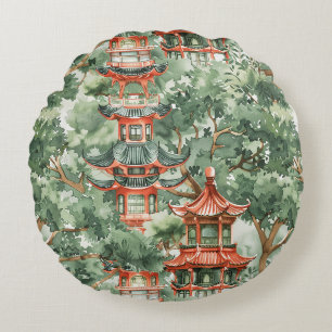 Watercolor Asian Pagoda in Verdant Landscape (17) Round Cushion