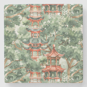 Watercolor Asian Pagoda in Verdant Landscape (17) Stone Coaster