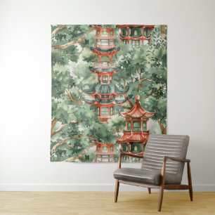 Watercolor Asian Pagoda in Verdant Landscape (17) Tapestry