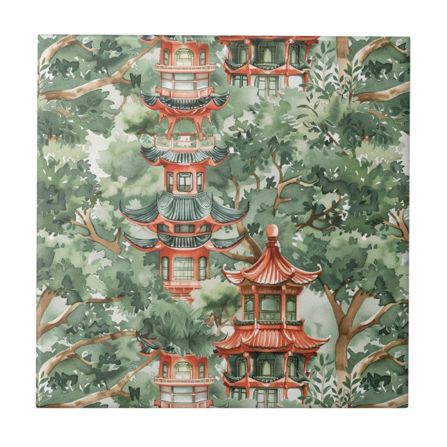 Watercolor Asian Pagoda in Verdant Landscape (17) Tile (Front)