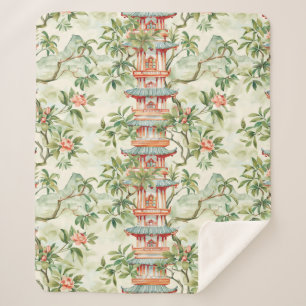 Watercolor Asian Pagoda in Verdant Landscape (1) Sherpa Blanket