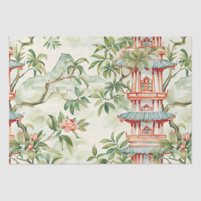 Watercolor Asian Pagoda in Verdant Landscape (1) Tissue Paper (Front)
