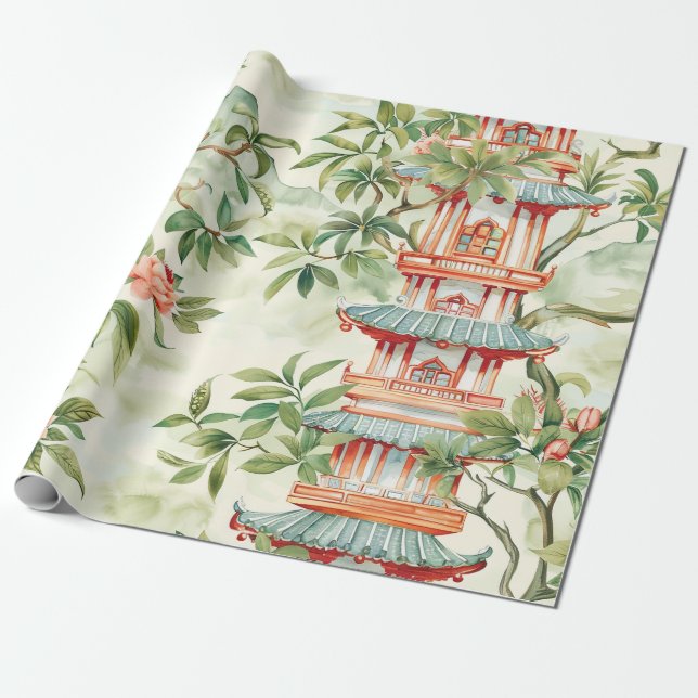 Watercolor Asian Pagoda in Verdant Landscape (1) Wrapping Paper (Unrolled)