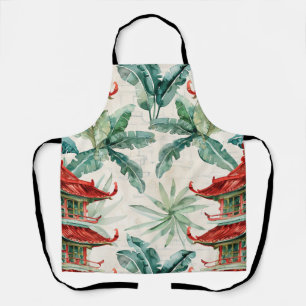 Watercolor Asian Pagoda in Verdant Landscape (2) Apron