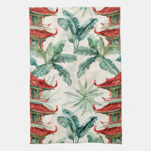 Watercolor Asian Pagoda in Verdant Landscape (2) Tea Towel