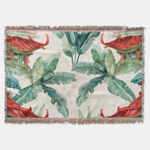Watercolor Asian Pagoda in Verdant Landscape (2) Throw Blanket