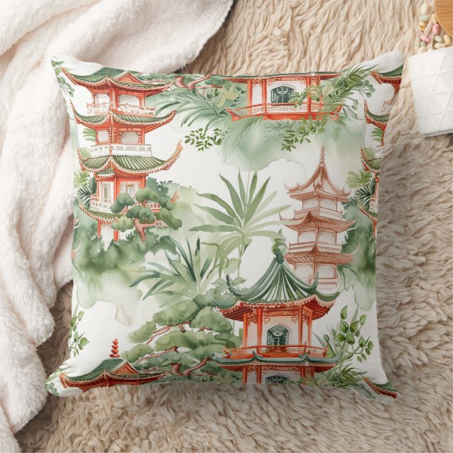 Watercolor Asian Pagoda in Verdant Landscape (3) Cushion (Blanket)