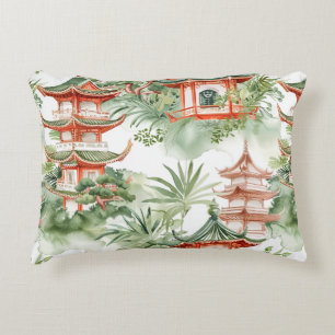 Watercolor Asian Pagoda in Verdant Landscape (3) Decorative Cushion
