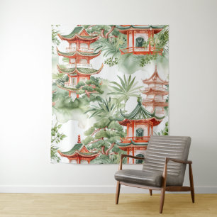 Watercolor Asian Pagoda in Verdant Landscape (3) Tapestry