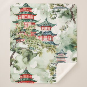 Watercolor Asian Pagoda in Verdant Landscape (4) Sherpa Blanket